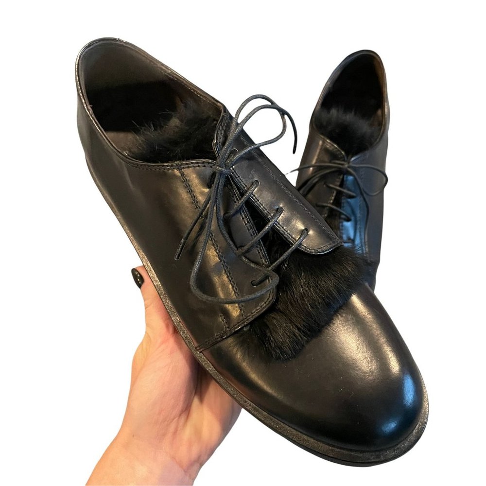 AGL Fur Trimmed Platform Lace Up Oxford Shoes Black Size 38